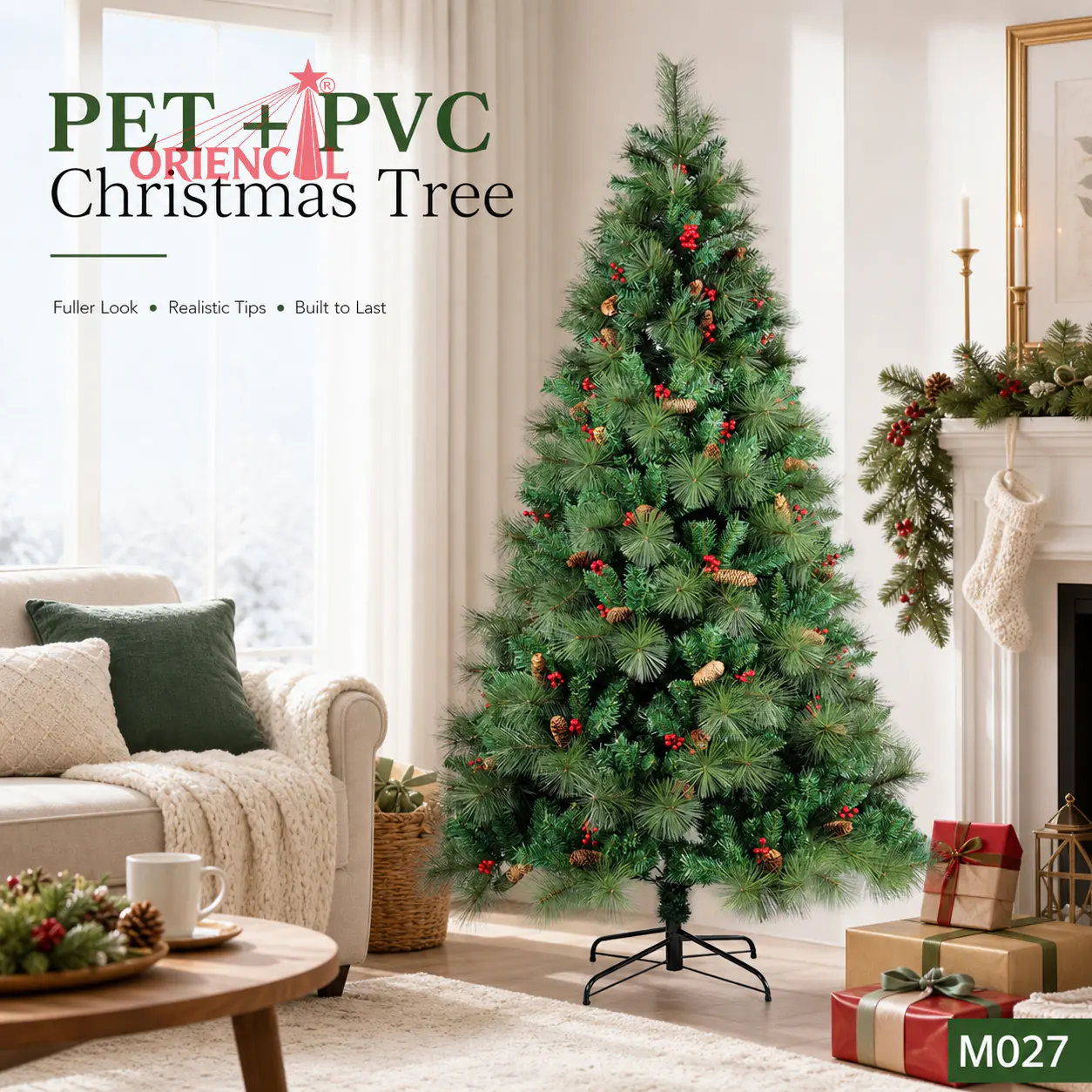 Artificial Spruce Christmas Tree with Red Berries, PVC/PE Blend, Festive Rustic Holiday Decor M027