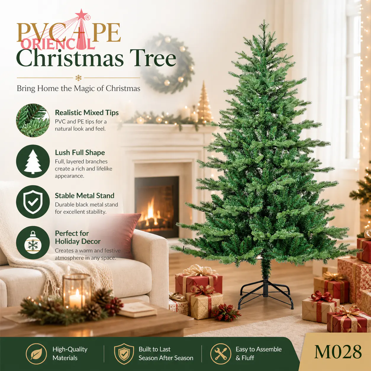Realistic Unlit Spruce Christmas Tree, PE/PET Pine Needle Foliage, Natural Evergreen Decor M028