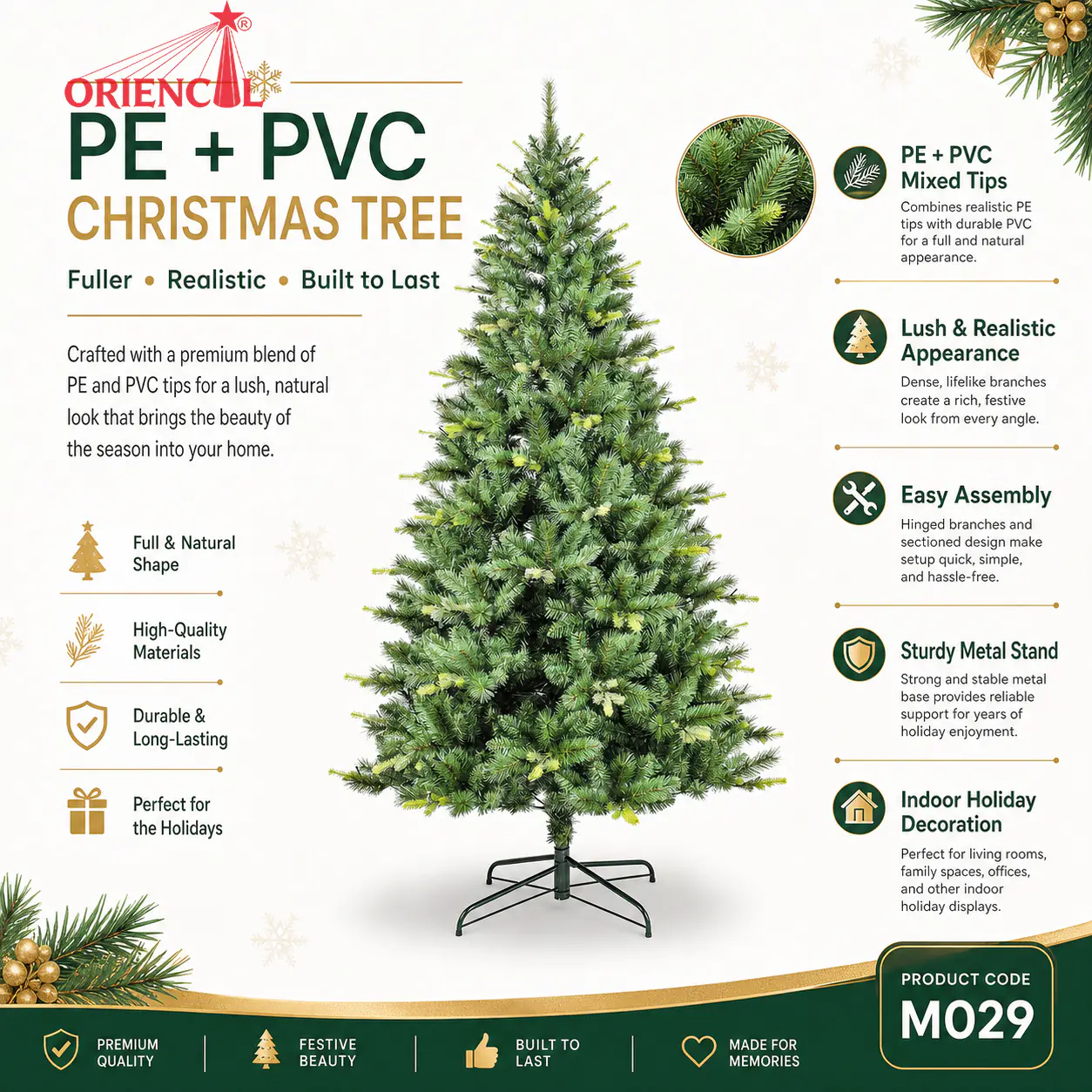 Classic Unlit Artificial Fir Christmas Tree, PVC/PE Blend, Green Evergreen for Family Holiday M029