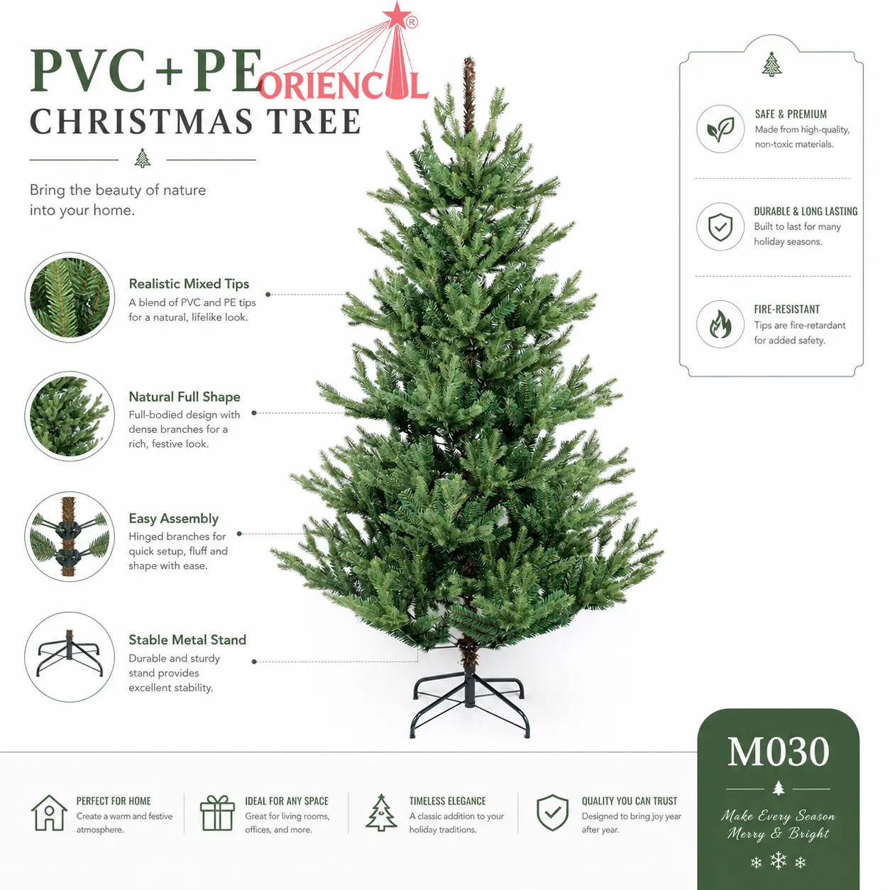 Natural-Looking Spruce Christmas Tree, PET Pine Needle Branches, Unlit Indoor Holiday Decor M030