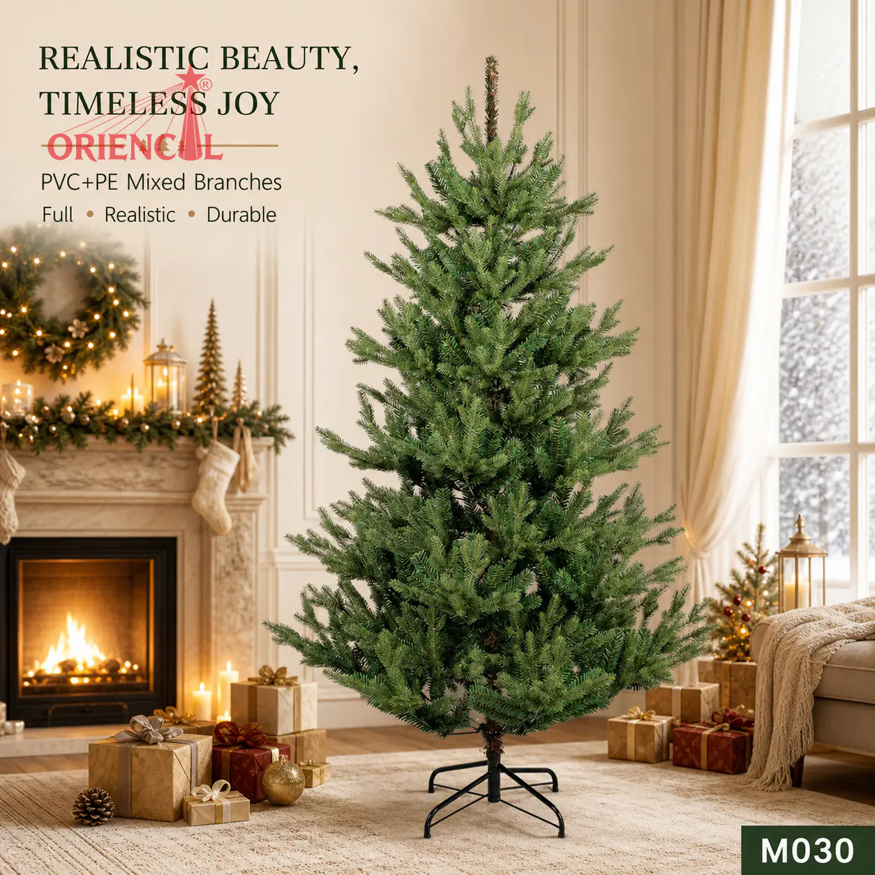 Natural-Looking Spruce Christmas Tree, PET Pine Needle Branches, Unlit Indoor Holiday Decor M030