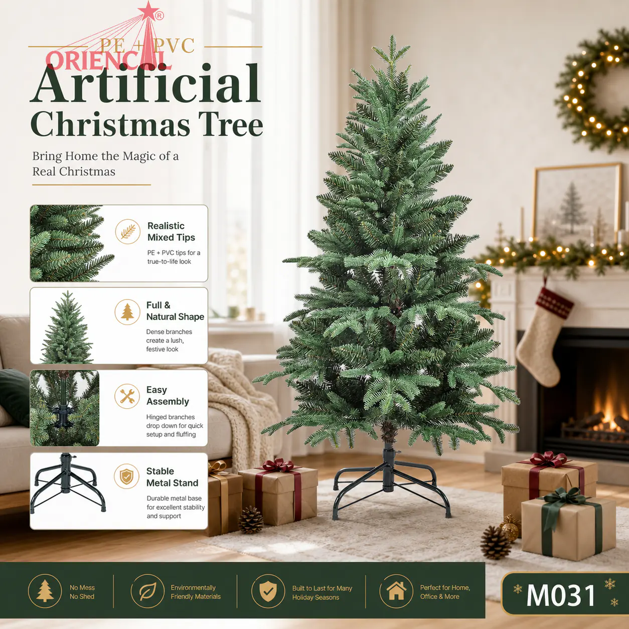 Soft Green Flocked Spruce Christmas Tree, PVC/PE Blend, Minimalist Winter Wonderland Decor M031