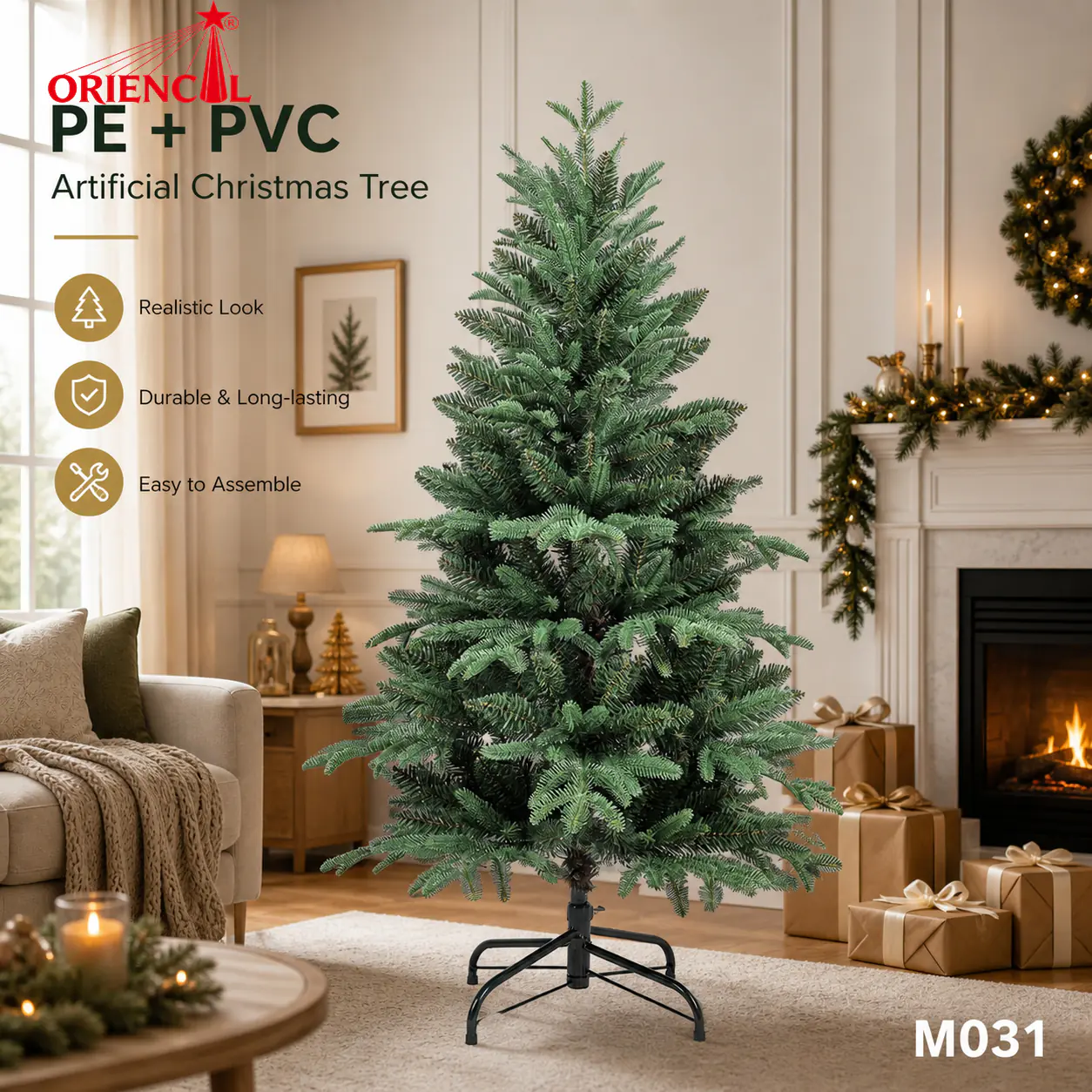 Soft Green Flocked Spruce Christmas Tree, PVC/PE Blend, Minimalist Winter Wonderland Decor M031