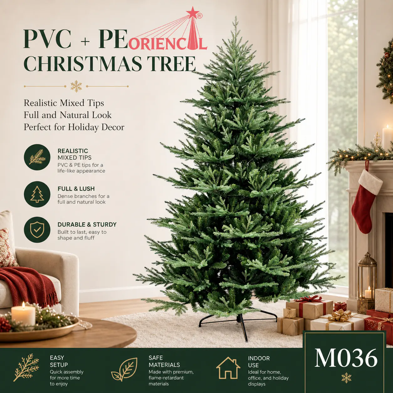 Natural Green Fir Christmas Tree, Artificial Mixed PE & PVC Fir Tree, Tall Unlit Fir Tree, Realistic Christmas Tree M036