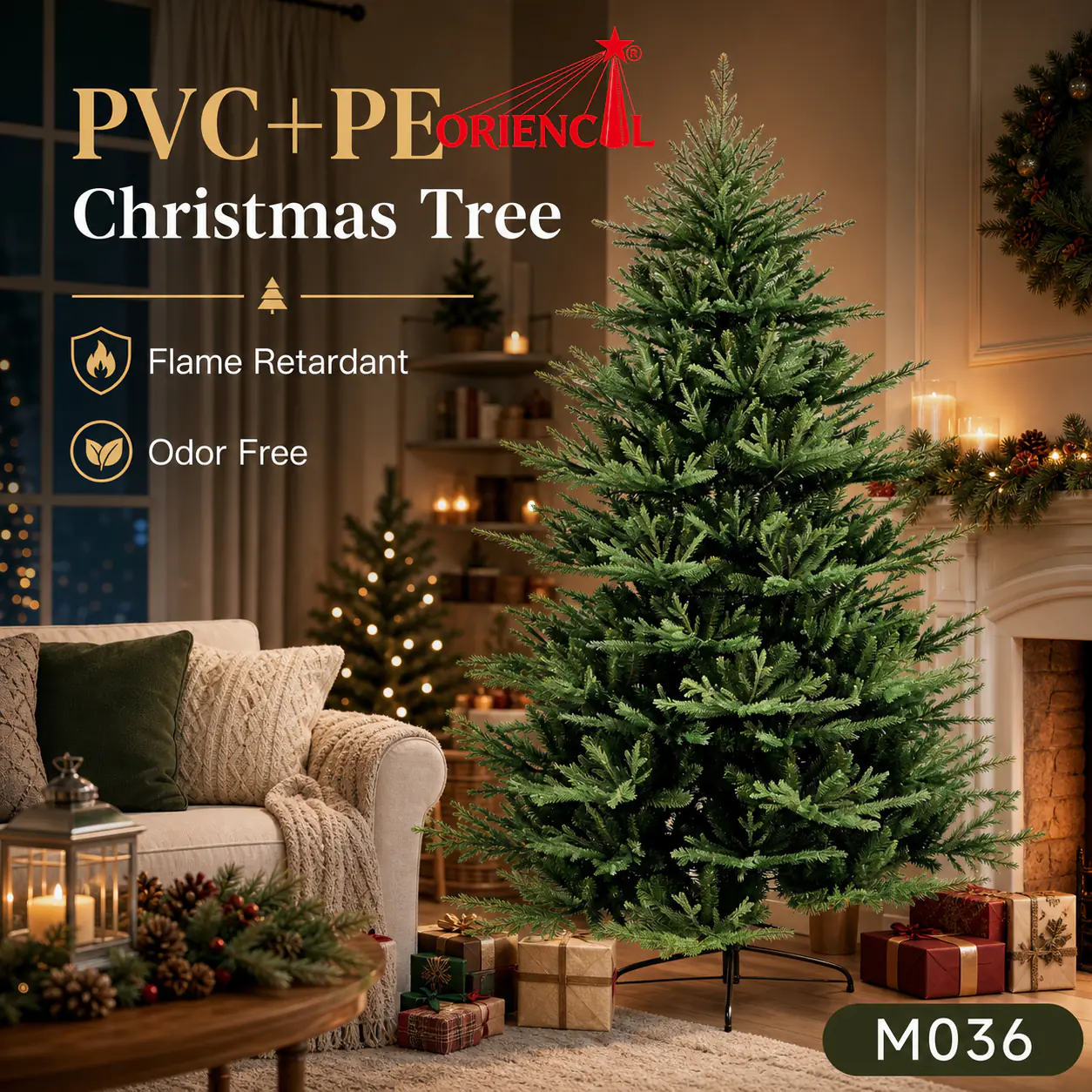 Natural Green Fir Christmas Tree, Artificial Mixed PE & PVC Fir Tree, Tall Unlit Fir Tree, Realistic Christmas Tree M036