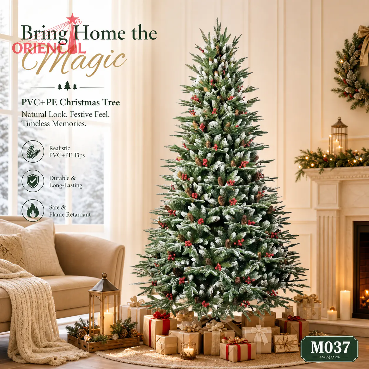 Flocked Spruce Christmas Tree with Red Berries, Artificial Mixed Material Spruce Tree, Snowy Spruce Tree for Holiday Decor M037