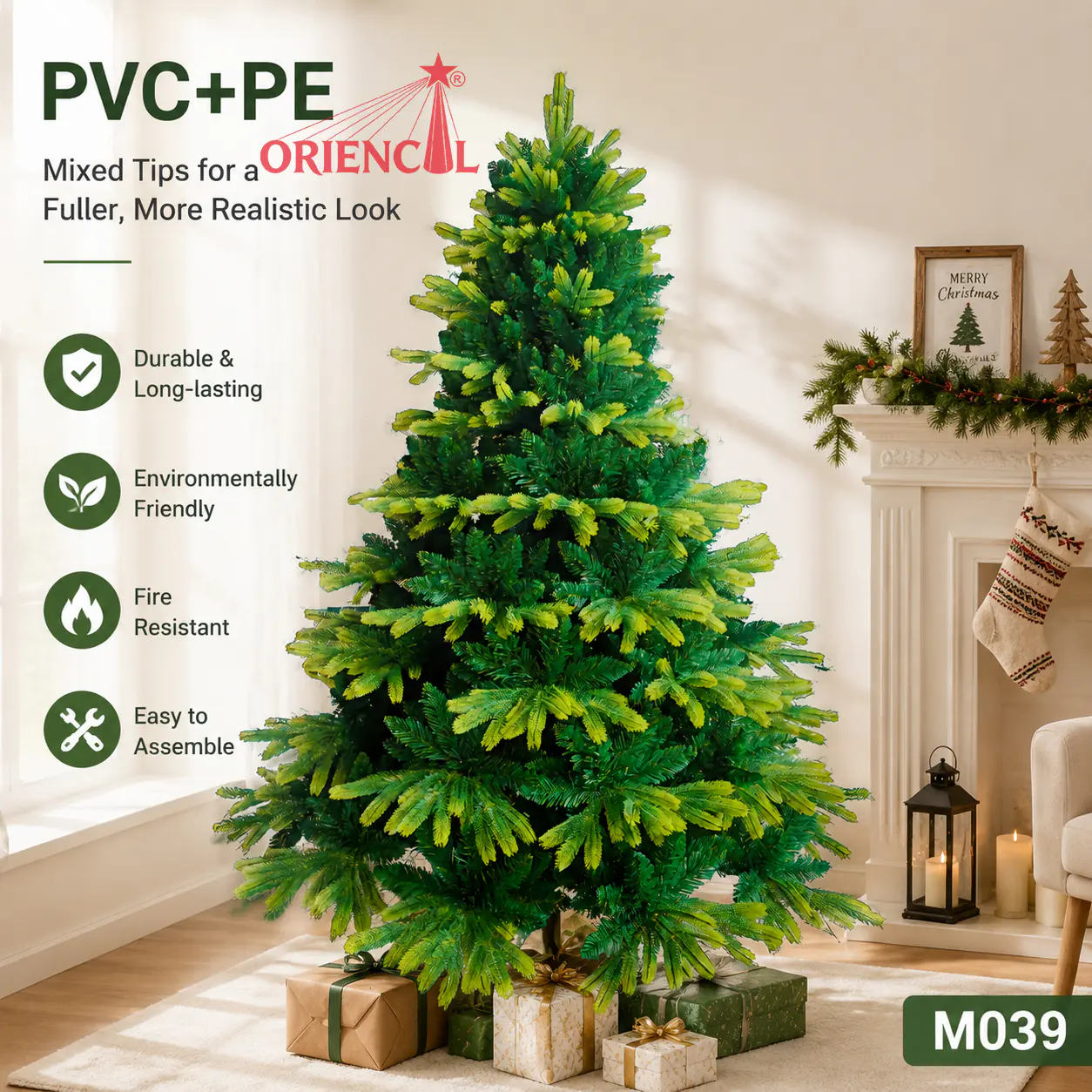 Light Green Pine Christmas Tree, Artificial Mixed Material Pine Tree, Fluffy Unlit Pine Tree, Casual Holiday Decoration M039