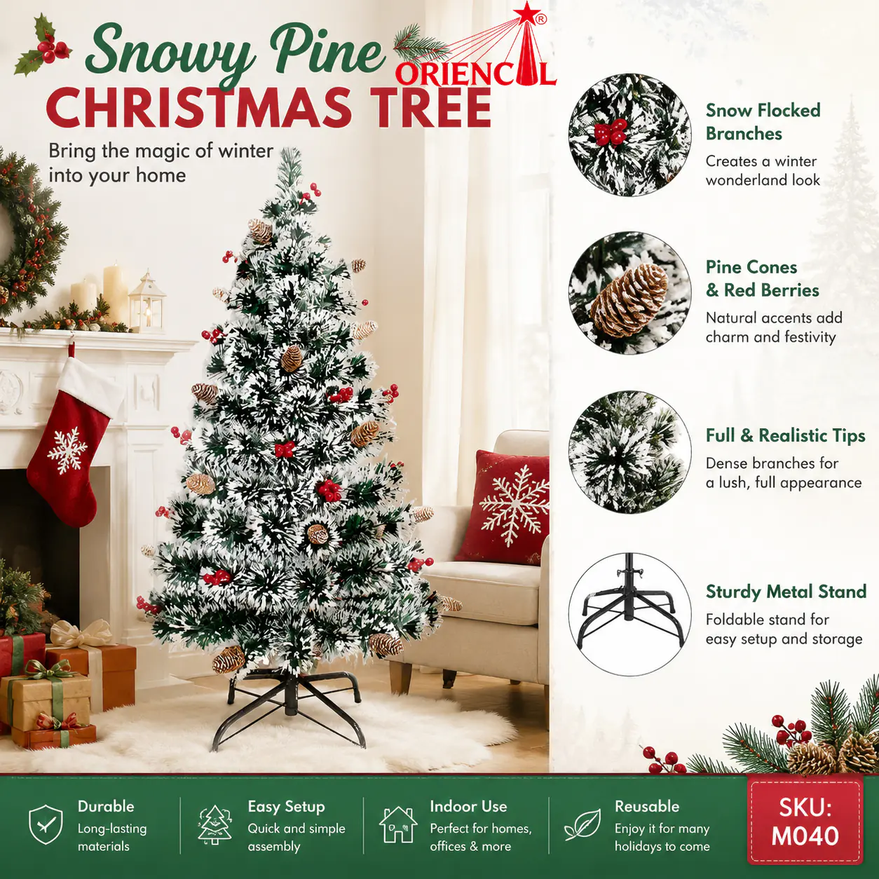 Flocked Spruce Christmas Tree with Pinecones and Red Berries, Mixed Material Artificial Spruce Tree, Rustic Holiday Decoration M040