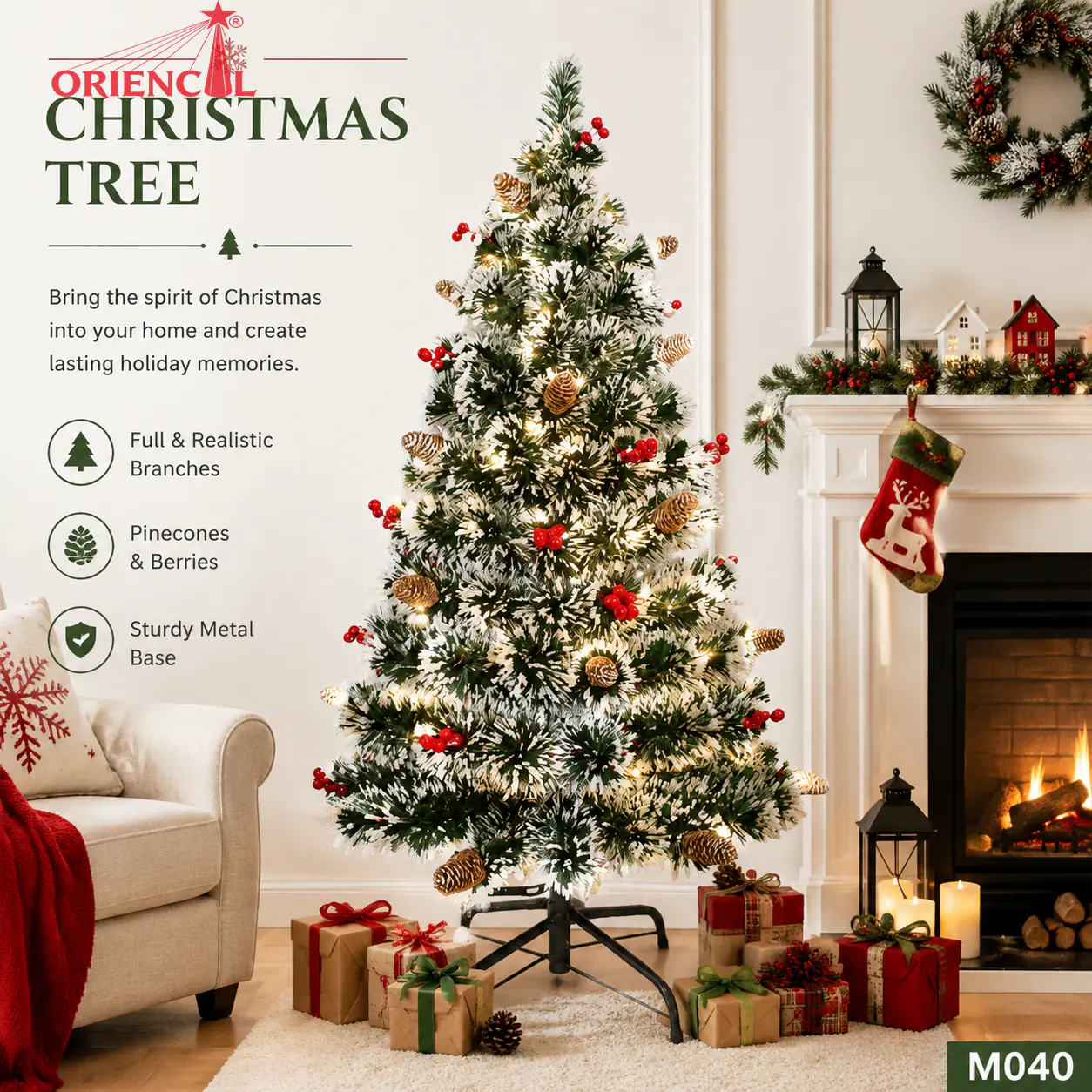 Flocked Spruce Christmas Tree with Pinecones and Red Berries, Mixed Material Artificial Spruce Tree, Rustic Holiday Decoration M040