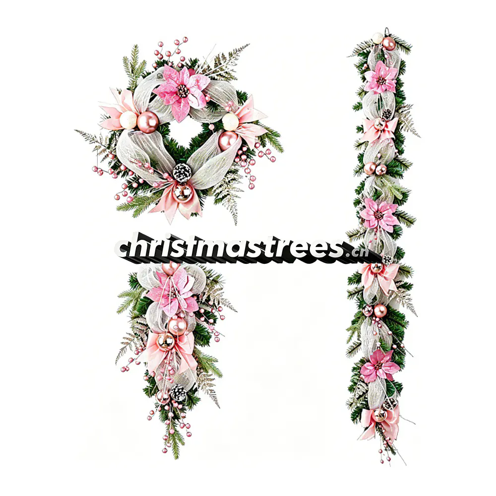 Pink Floral Christmas Wreath, Garland & Swag Set S001