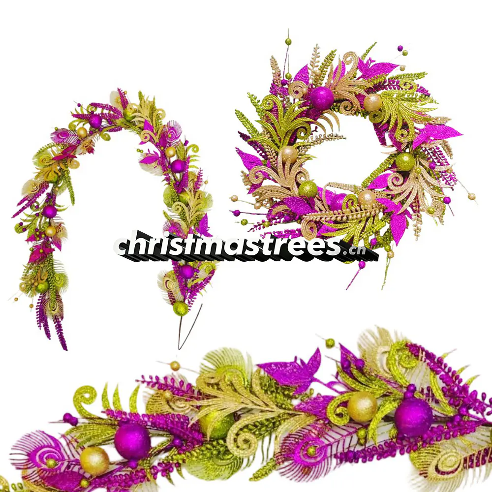 Purple & Green Christmas Wreath, Garland & Ornament Bundle S002