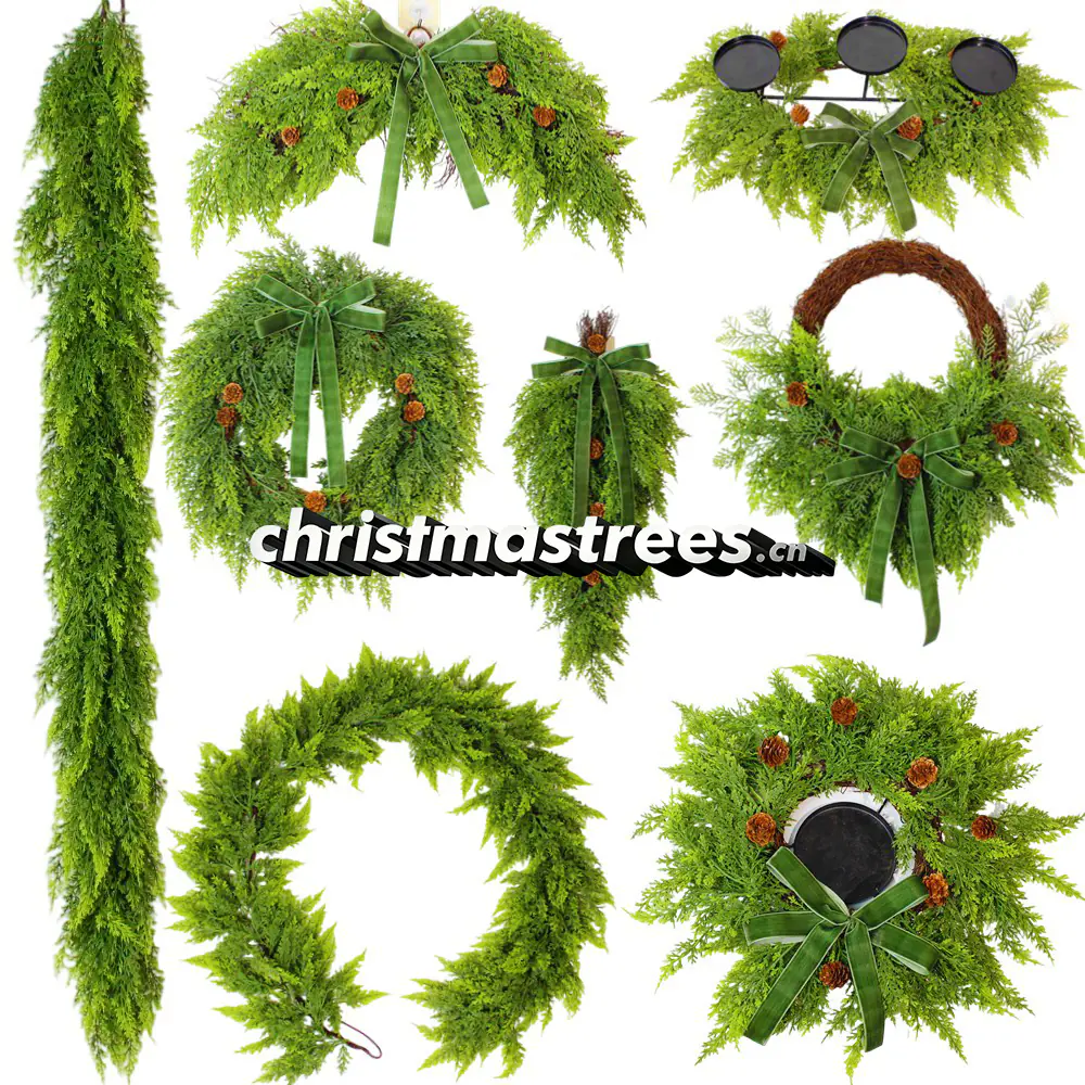Plain Green Pine Christmas Wreath & Garland Decor Set S003