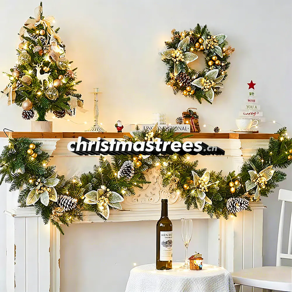 Cream & Gold Neutral Christmas Wreath & Mantel Garland Set S007