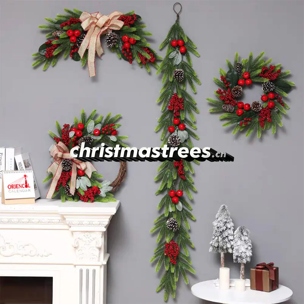 Red Berry & Bow Christmas Wreath & Garland Decor Set S009
