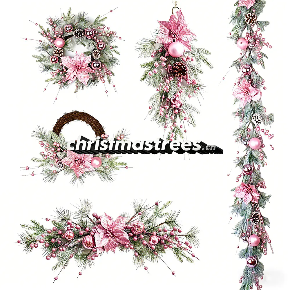 Blush Pink Poinsettia Christmas Wreath, Garland & Swag Set S011