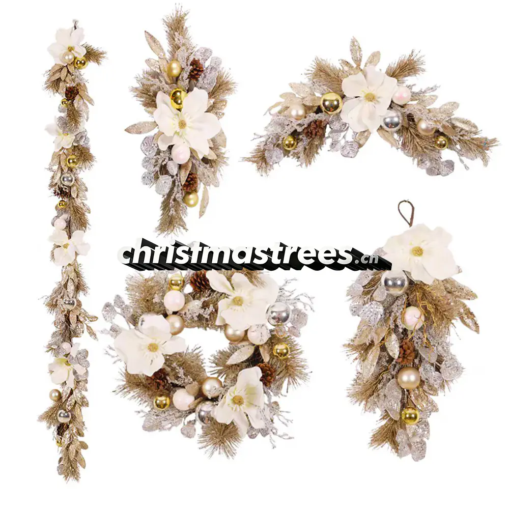 Champagne Gold Christmas Wreath & Garland Decor Kit S014