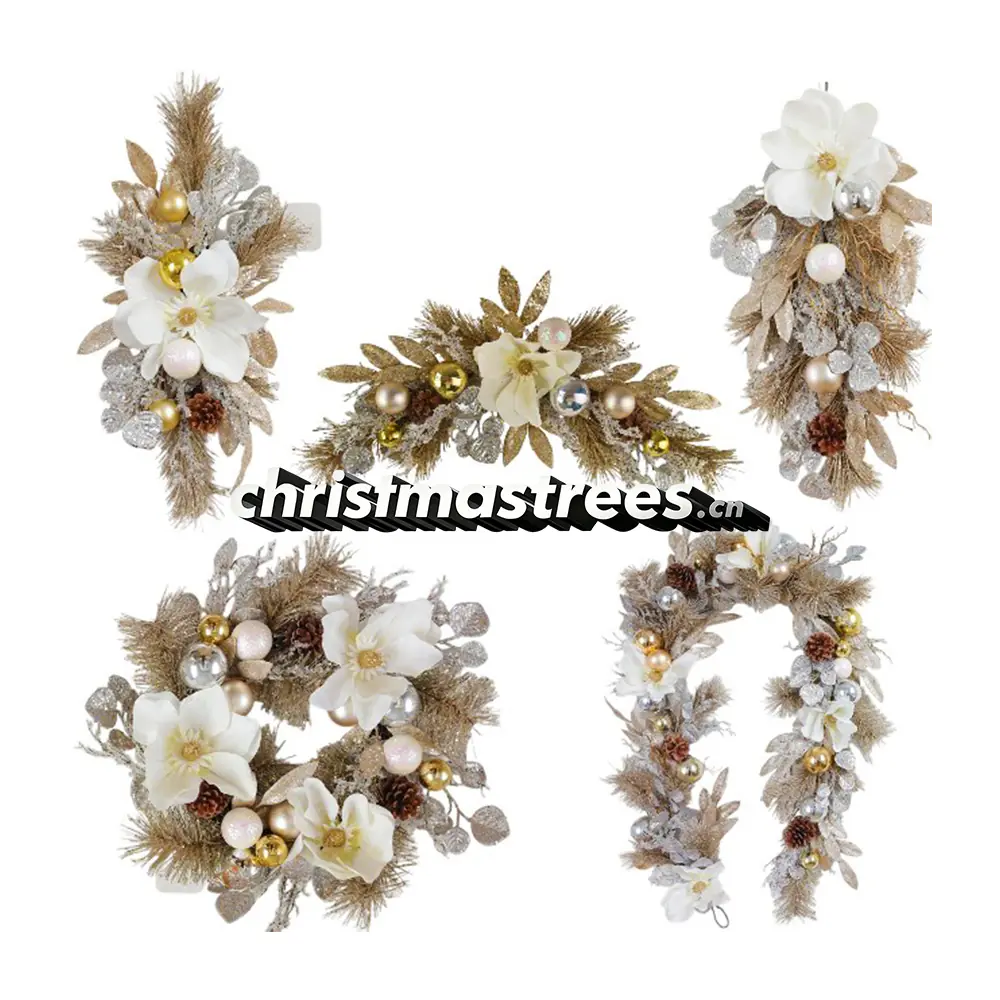 Beige & Gold Christmas Wreath & Swag Decor Bundle S015