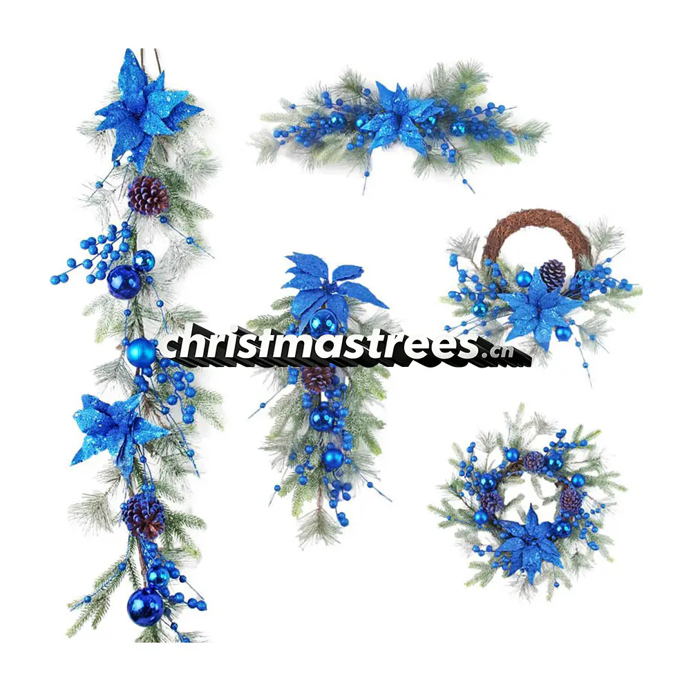 Blue Poinsettia Christmas Wreath & Garland Set S019