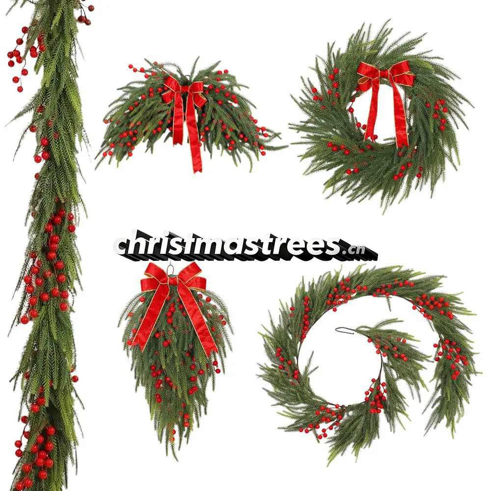 Red Berry Christmas Wreath & Garland Decor Bundle S021