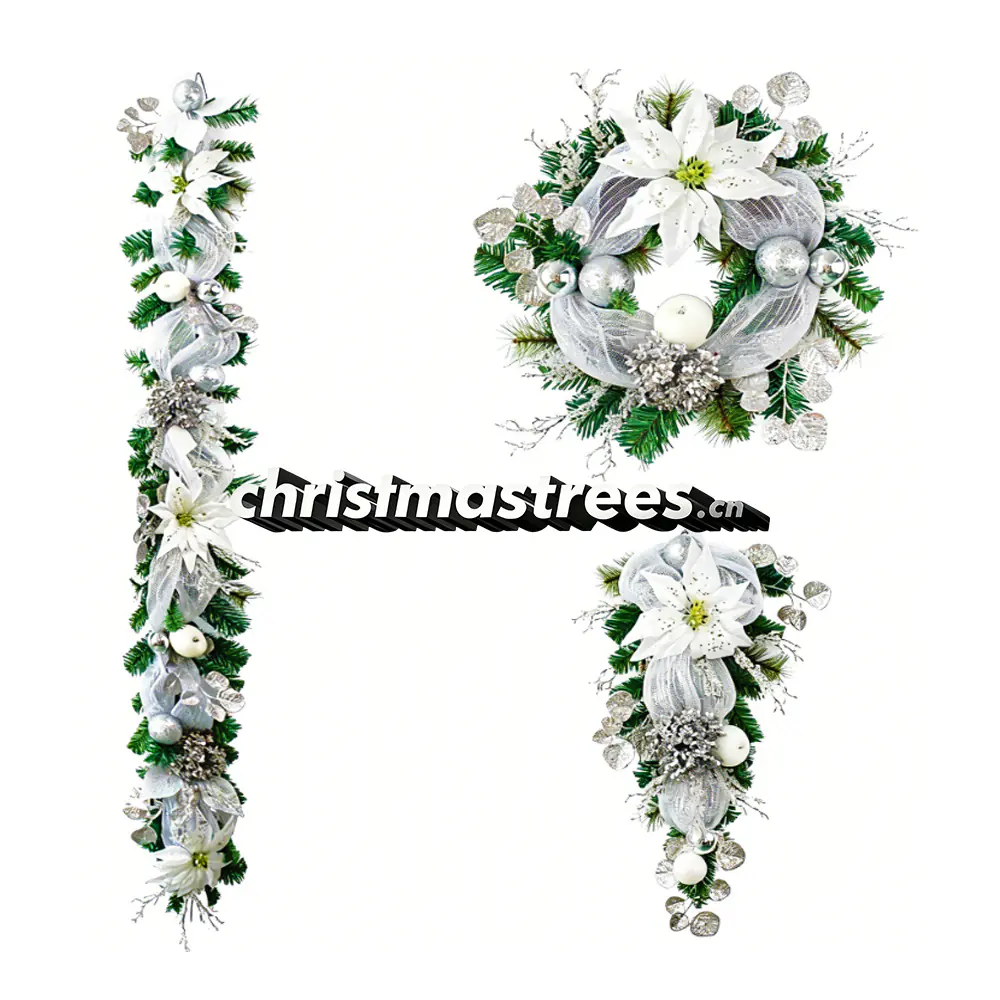 White Poinsettia Christmas Wreath & Garland Decor Kit S024
