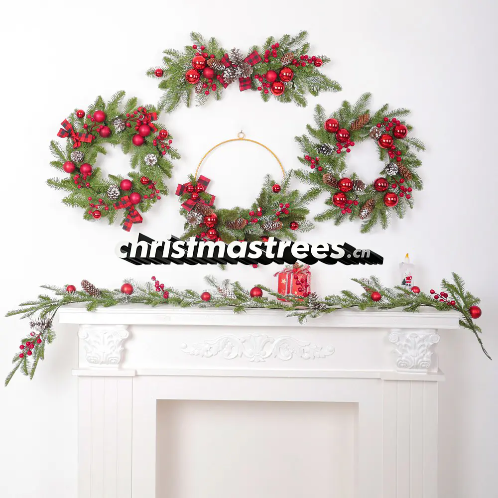 Red Berry Christmas Wreath & Mantel Garland Decor Set S029