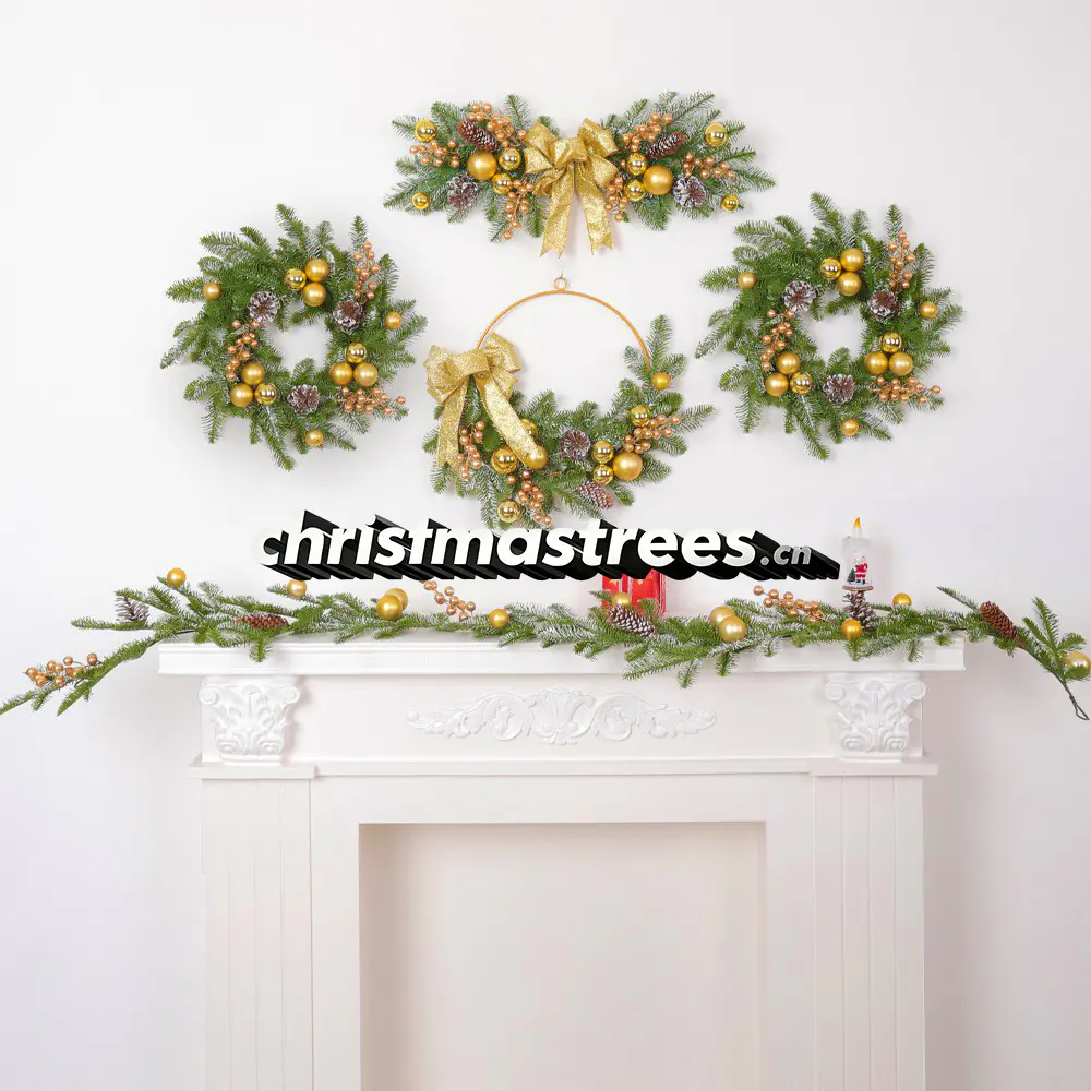 Gold & Red Berry Christmas Wreath and Mantel Garland Set S030