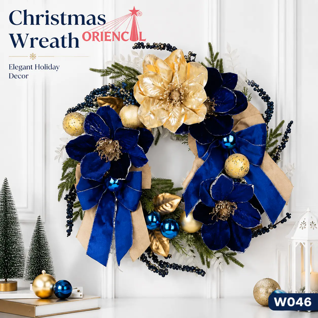 Blue and Gold Christmas Wreath with Velvet Poinsettias, Bows and Ornaments W046