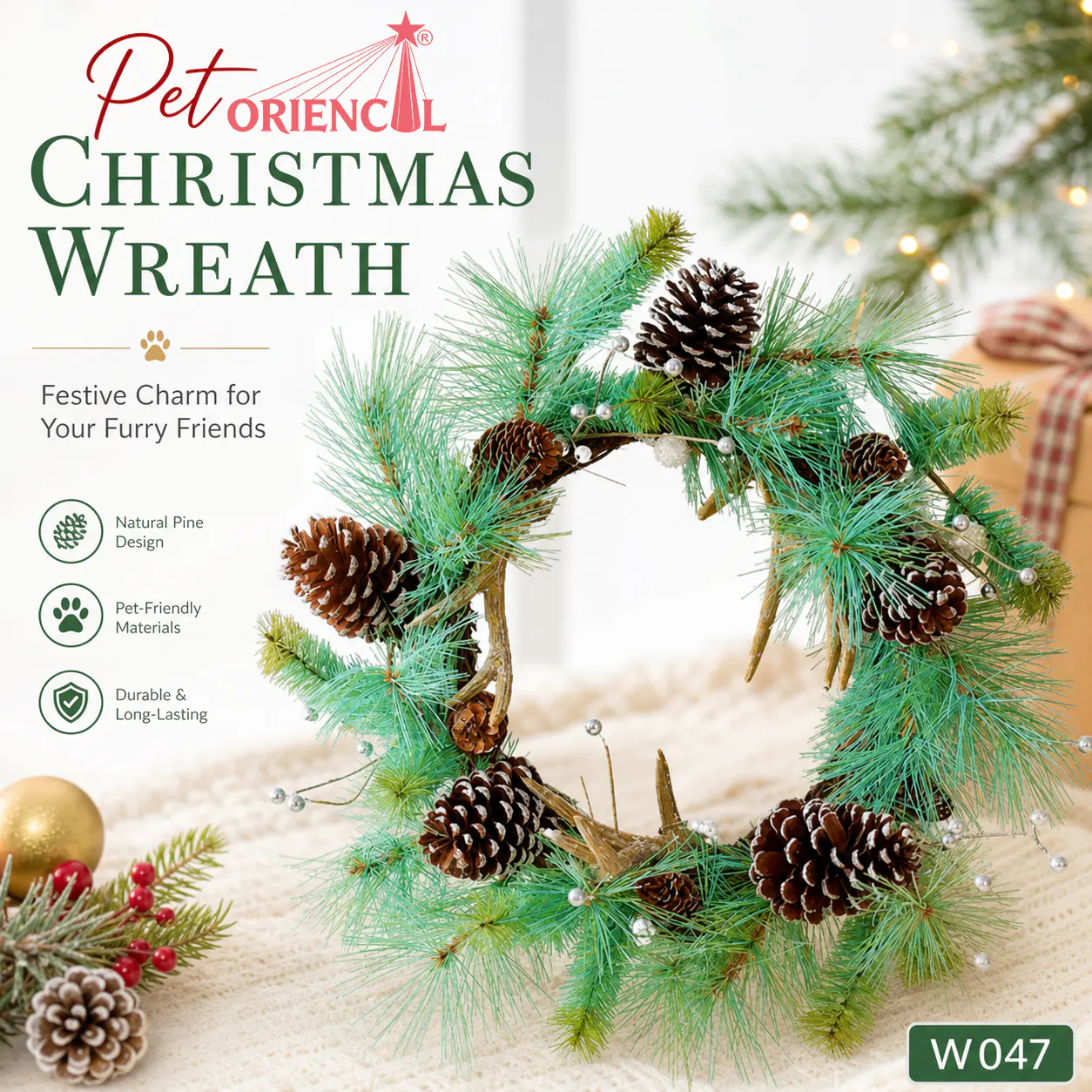 Teal Pine Christmas Wreath with Natural Pine Cones W047