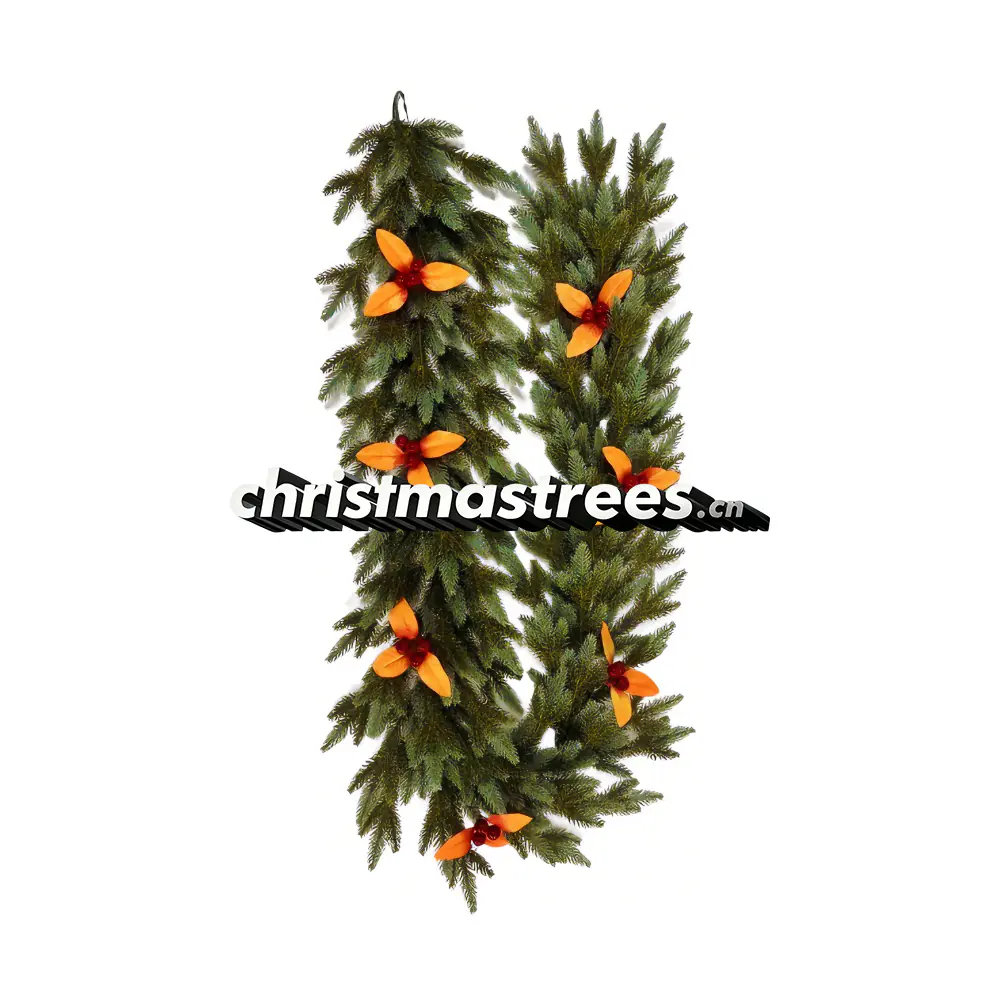 Christmas Pine Garland with Poinsettia Flowers, Unlit, Festive Greenery for Mantel/Staircase G011