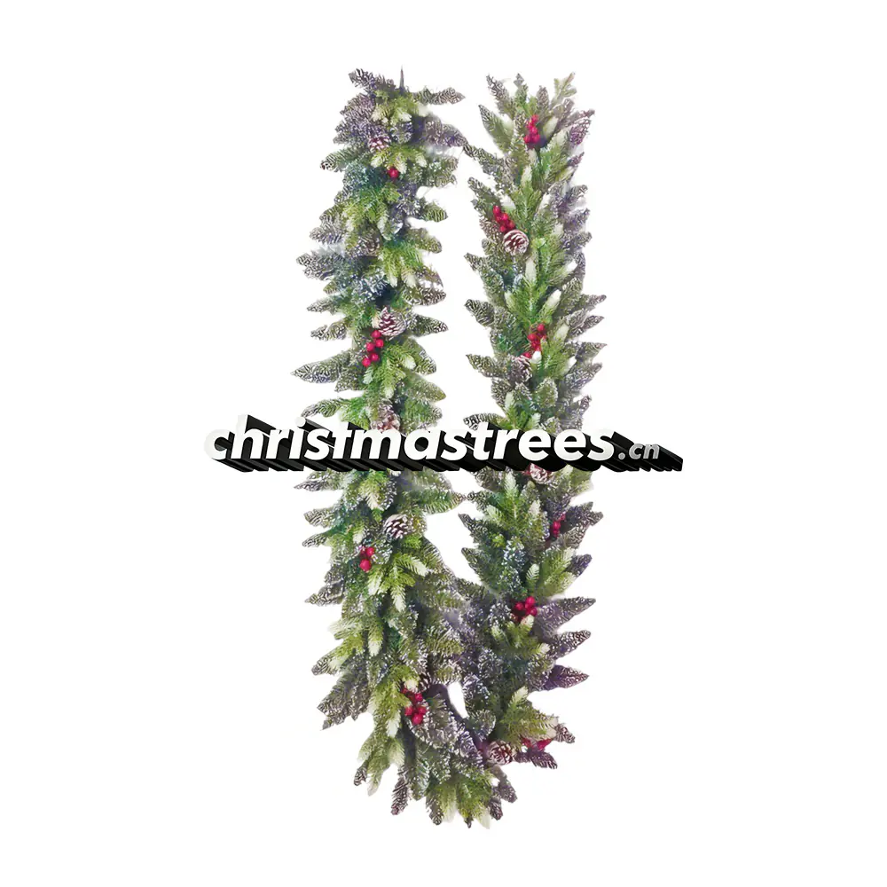 Frosted Christmas Pine Garland with Red Berries, Snowy Greenery for Winter Wonderland Decor G013