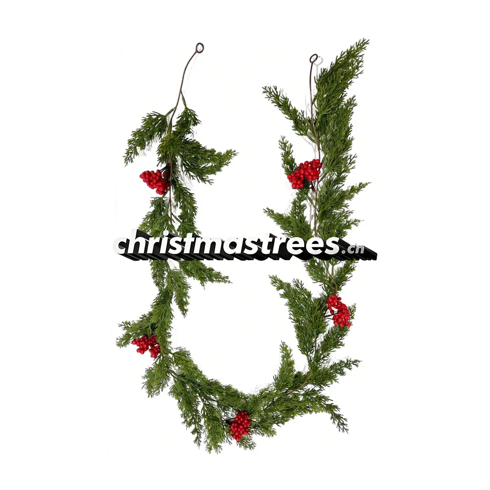 Artificial Christmas Pine Garland with Red Berries, Unlit, Rustic Greenery G022