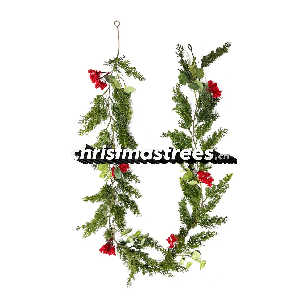 Lush Christmas Pine Garland with Red Berries, Unlit, Full Greenery for Staircase G023