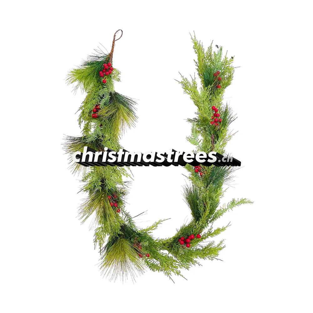 Mixed Pine & Cedar Christmas Garland with Red Berries, Unlit, Natural Look G024