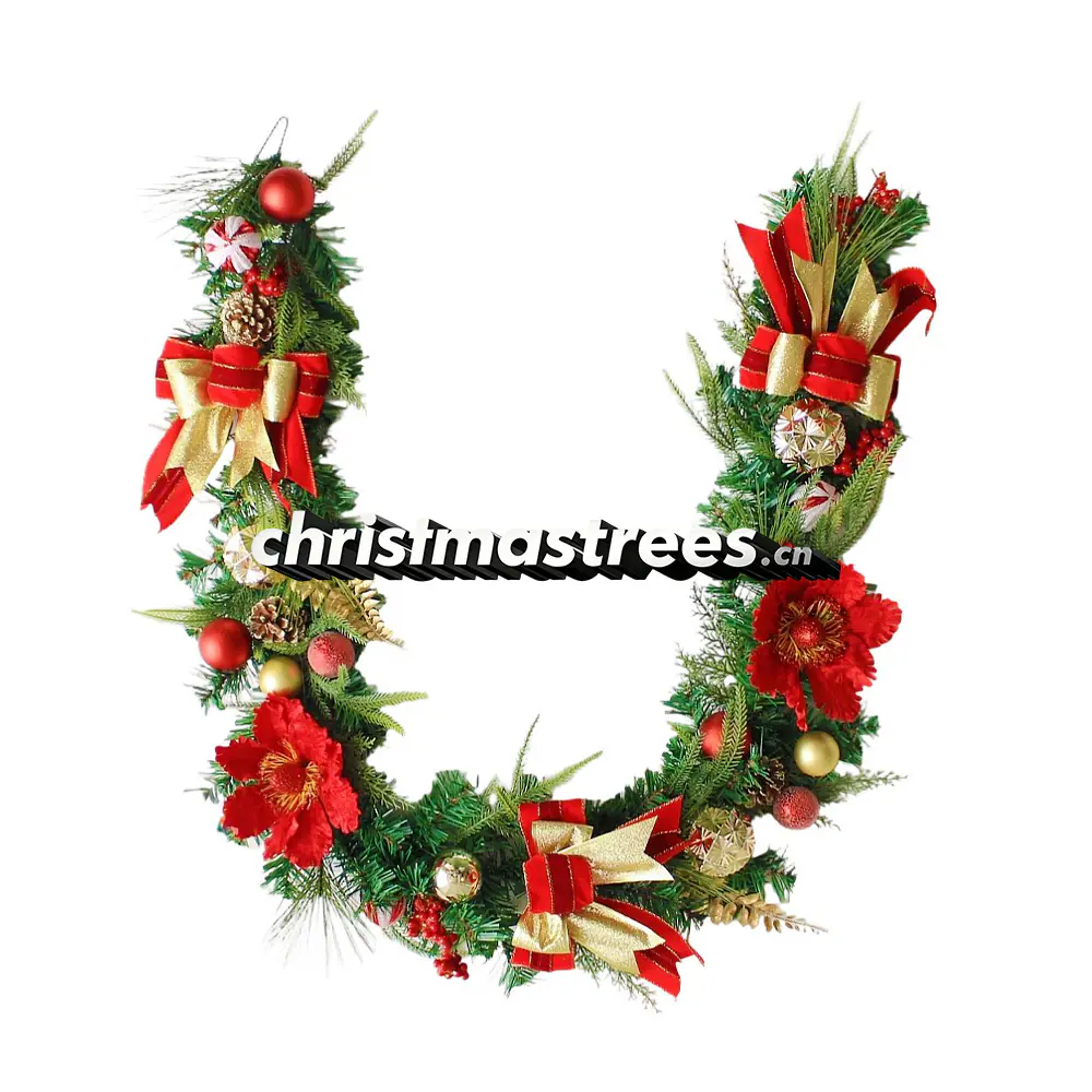 Red & Gold Decorated Christmas Garland with Poinsettias & Bows, Unlit G029