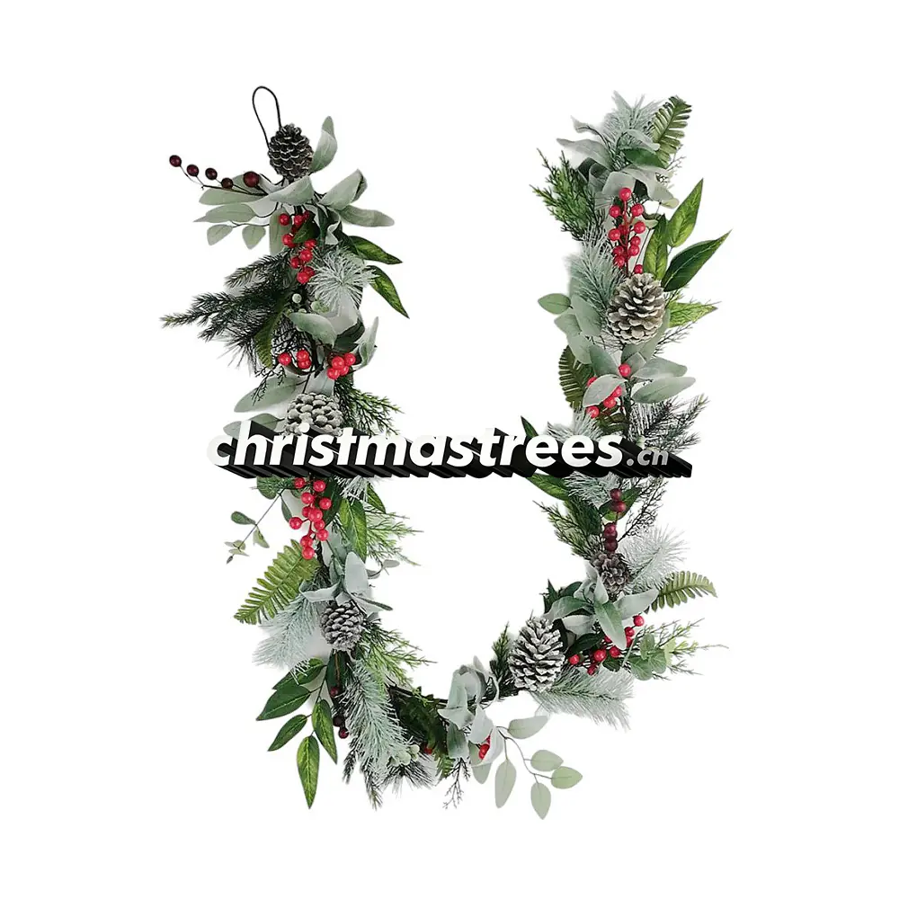 Flocked Christmas Garland with Red Berries & Pinecones, Snowy Greenery G030