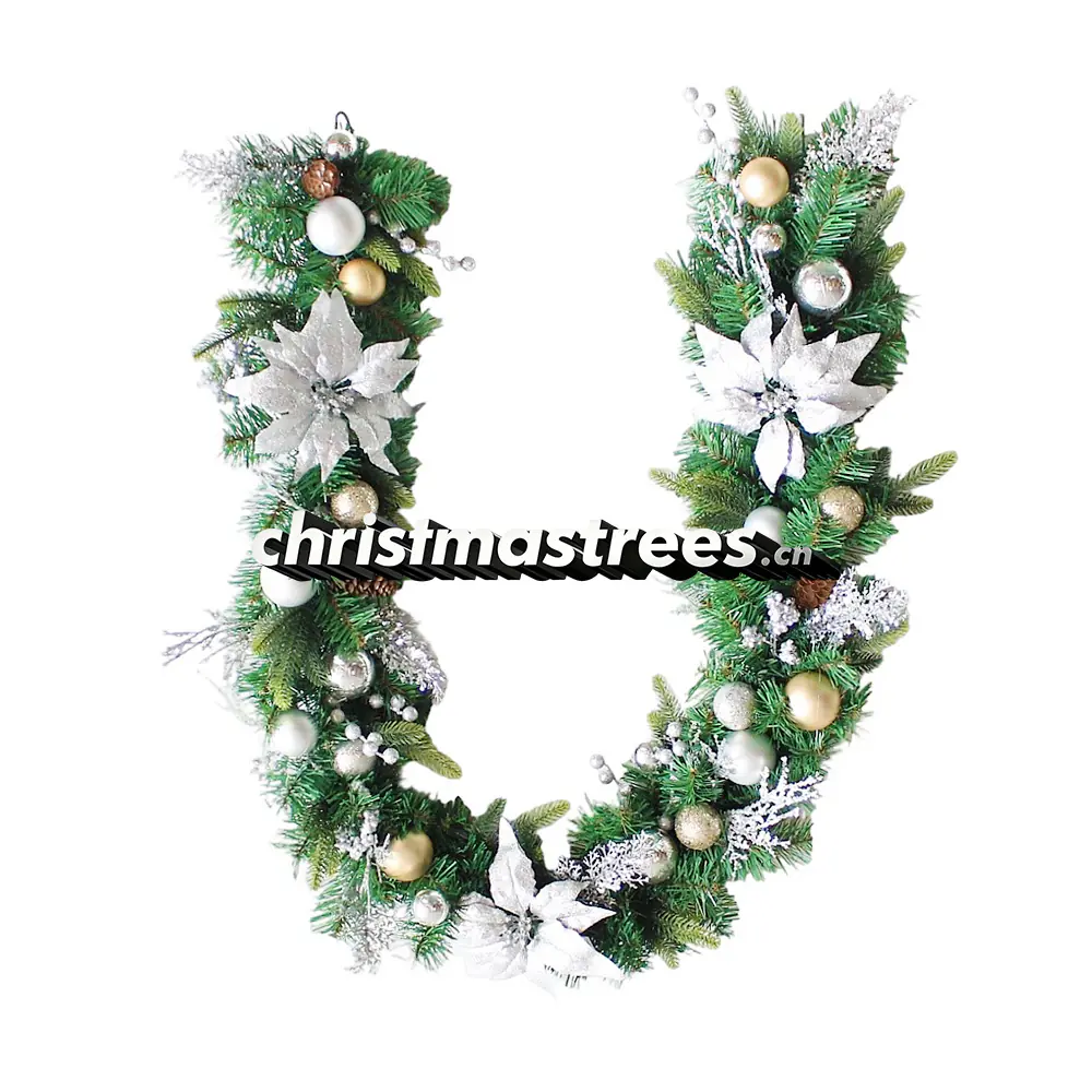 White & Gold Christmas Garland with Poinsettias & Ornaments, Elegant Holiday Decor G031
