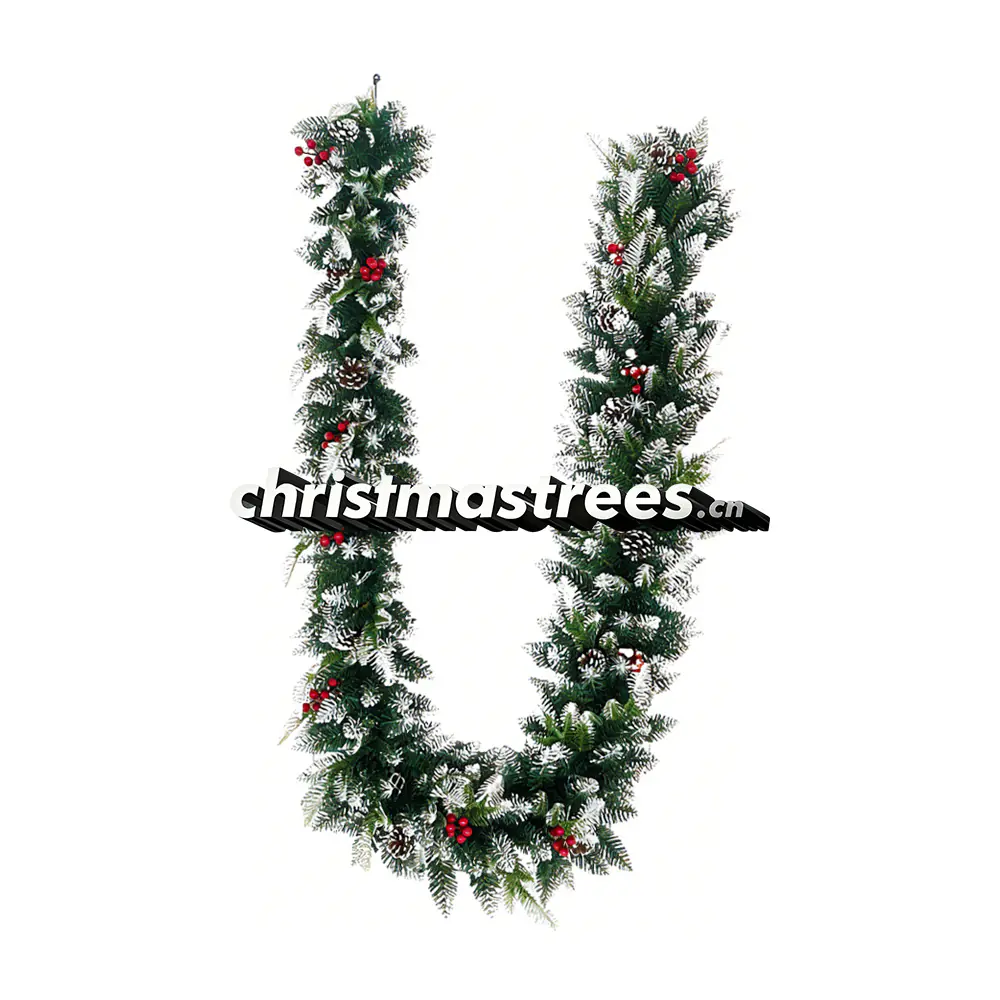Flocked Christmas Pine Garland with Red Berries, Snowy Artificial Greenery G034