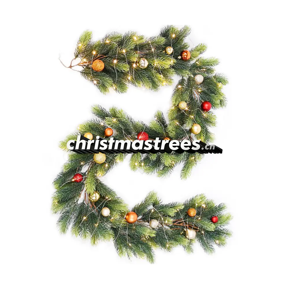 Artificial Christmas Garland with Gold & Orange Ornaments, Traditional Holiday Greenery G047