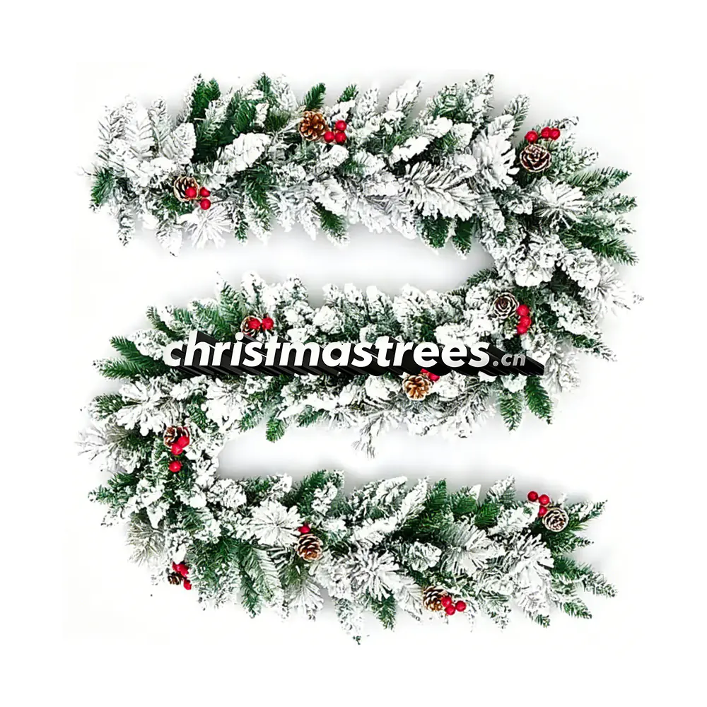 Flocked Snowy Christmas Garland with Red Berries, Winter Wonderland Greenery G048
