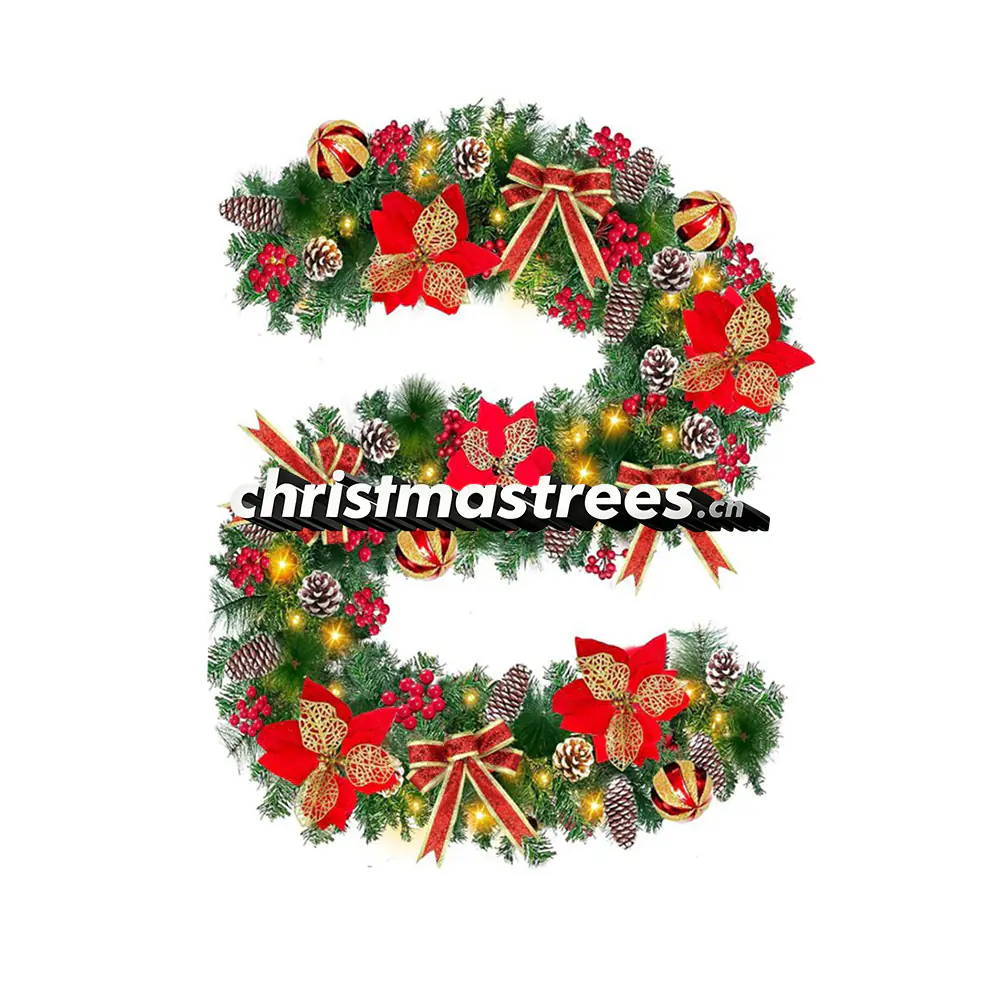 Red & Gold Decorated Christmas Garland with Poinsettias, Bows and Ornaments G049