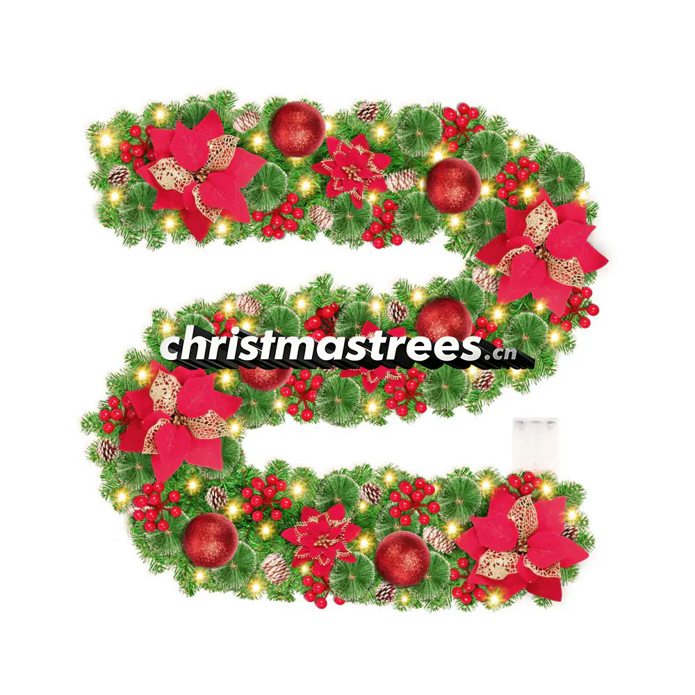 Festive Red Christmas Garland with Poinsettias and Large Ornaments, Traditional G050