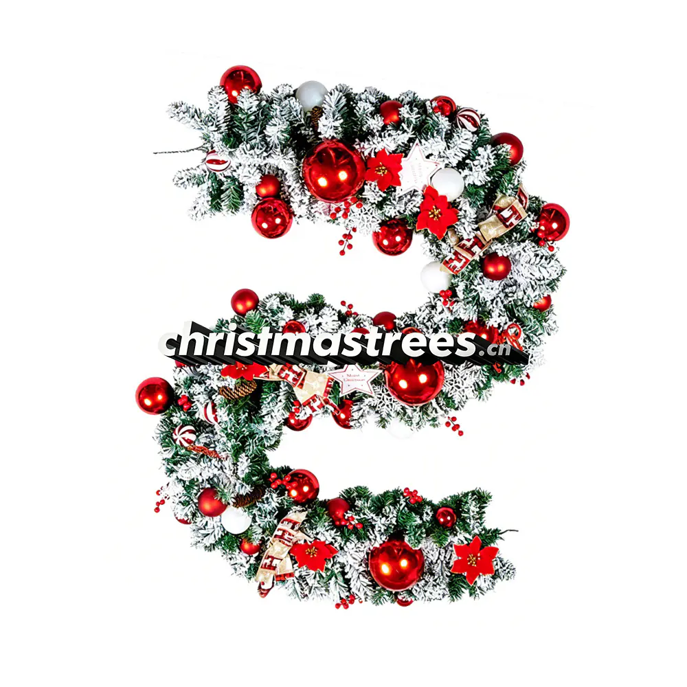 Flocked Christmas Garland with Large Red Ornaments, Winter Holiday Greenery G052
