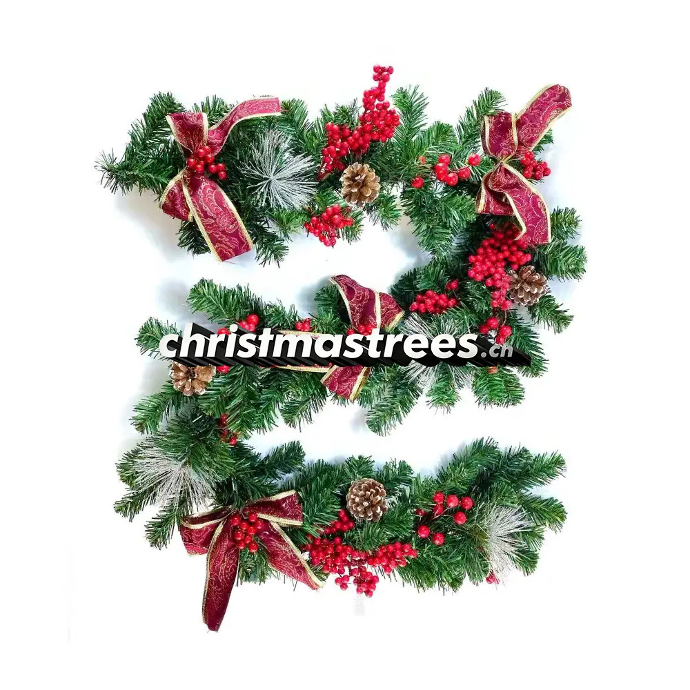 Burgundy Bow Christmas Garland with Red Berries and Pinecones, Rustic Farmhouse G053