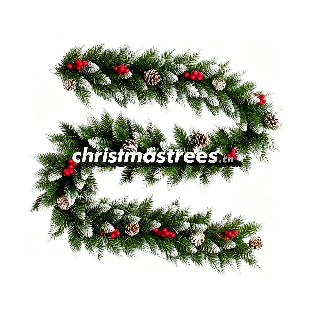 Flocked Pine Christmas Garland with Red Berries and Pinecones, Snowy Rustic G055