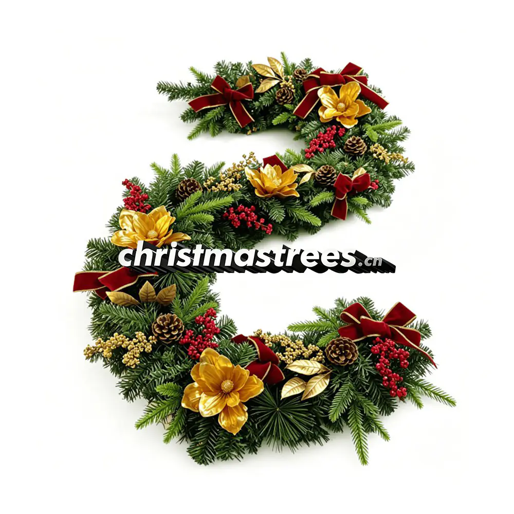 Red & Gold Christmas Garland with Poinsettias and Bows, Traditional Holiday Decor G061