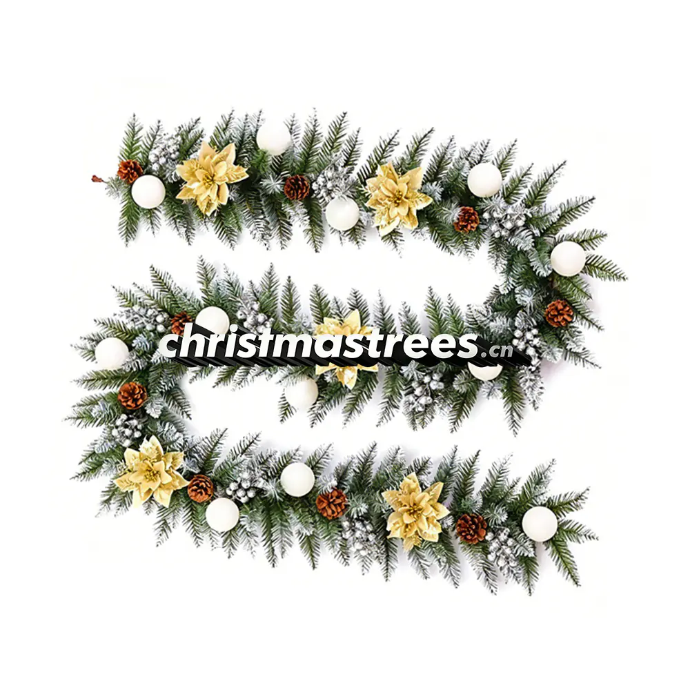 Flocked Christmas Garland with Gold Ornaments and Flowers, Elegant Winter Decor G062