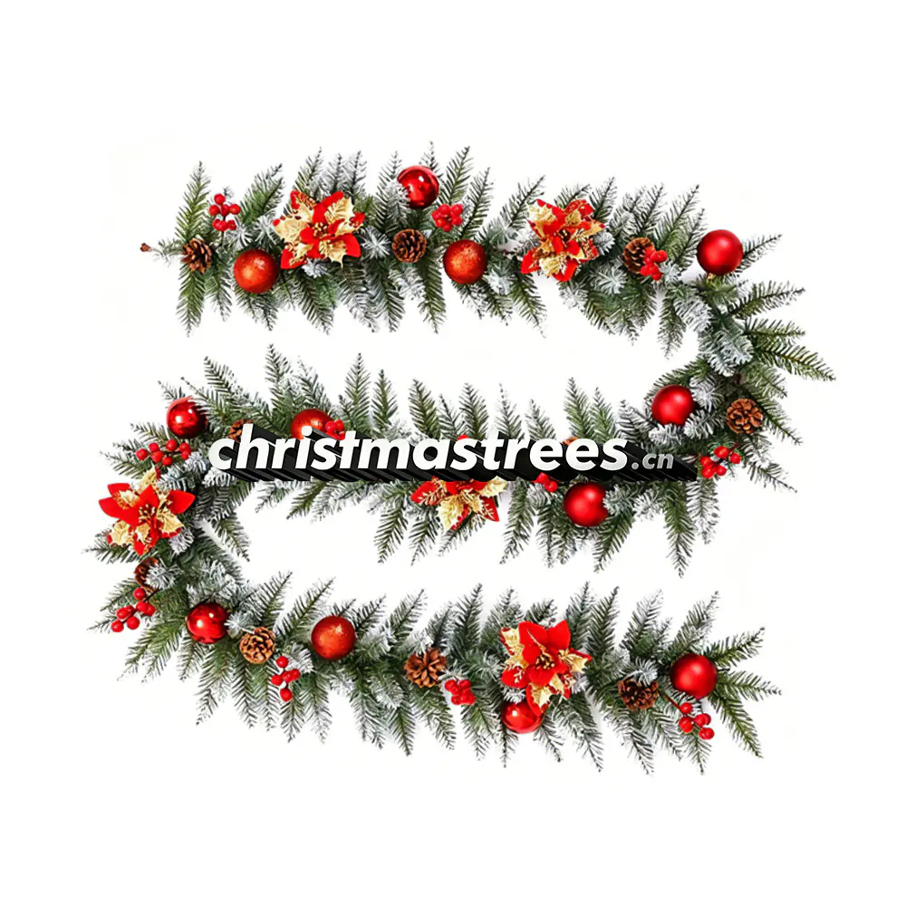 Flocked Red Berry Christmas Garland with Flowers, Festive Holiday Greenery G063