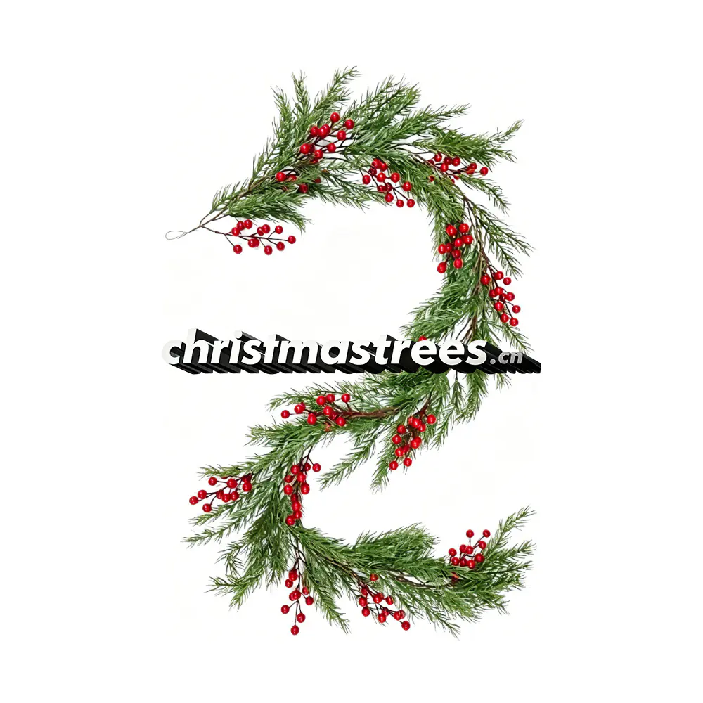 Minimalist Christmas Pine Garland with Red Berries, Rustic Farmhouse Style G065
