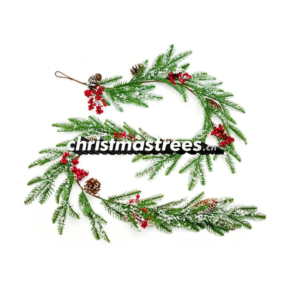Frosted Christmas Pine Garland with Red Berries & Pinecones, Rustic Style G074