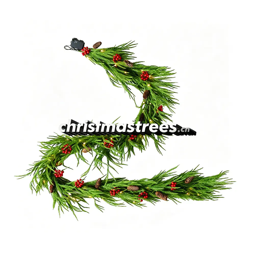 Thin Pine Christmas Garland with Red Berries, Minimalist Farmhouse Decor G075